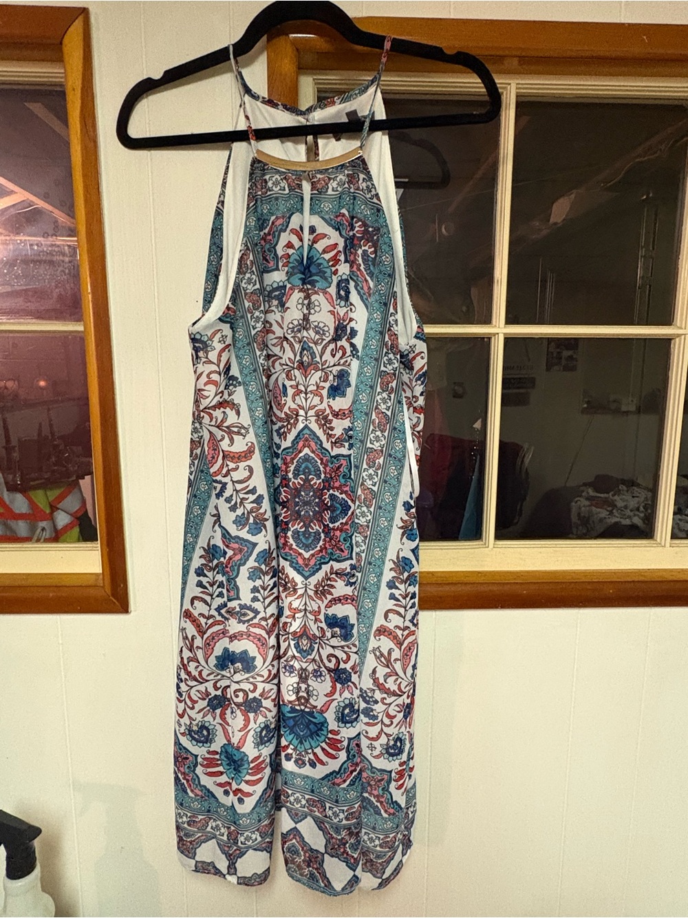 Luxology Halter Maxi Dress in White, Teal & Red